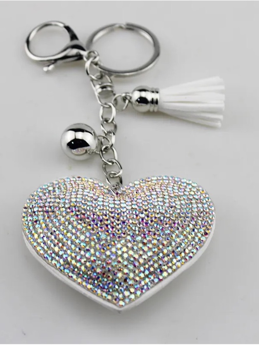 Crystal Heart Keychain Charm - White Tassel